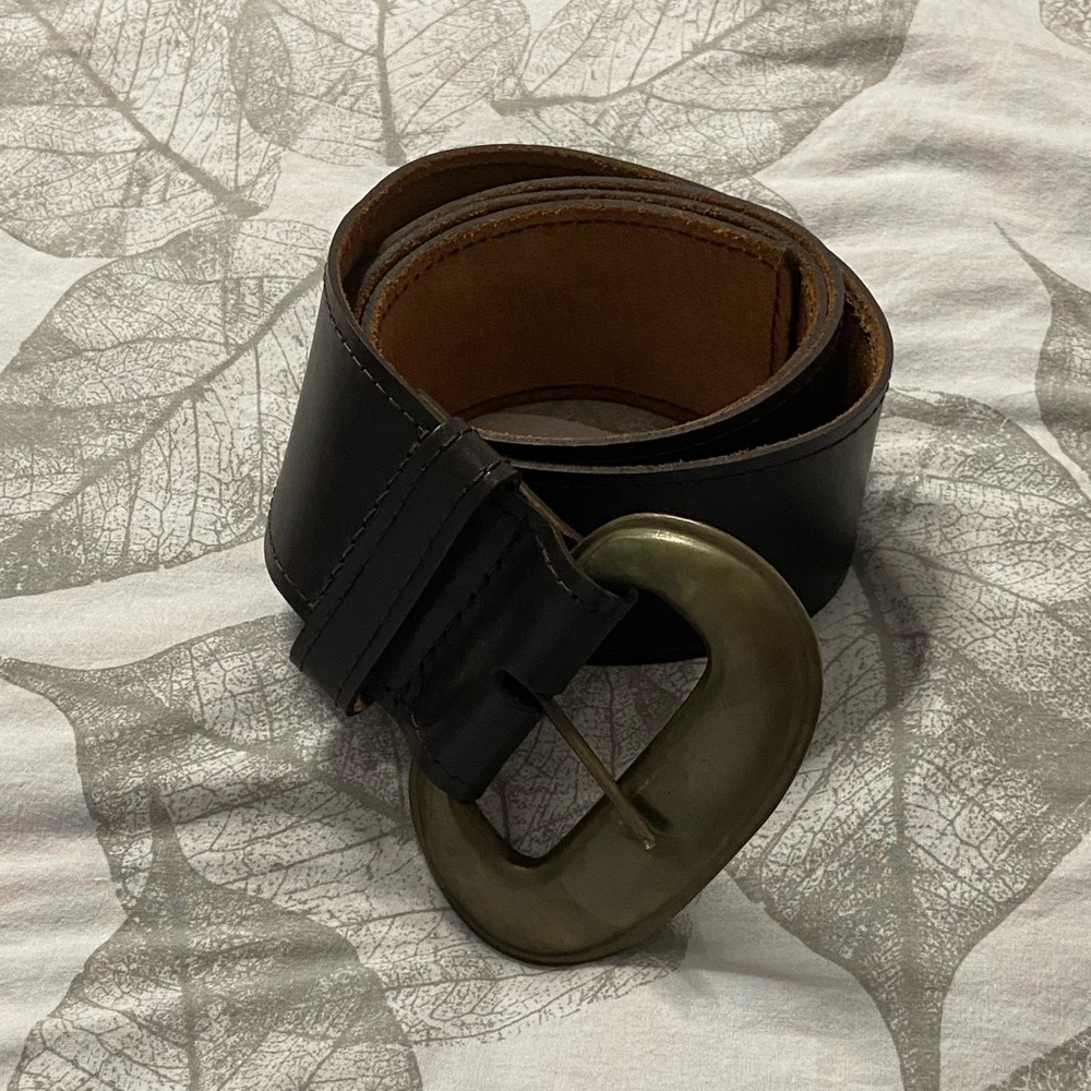 Brown Thick Leather Brass Buckle Belt